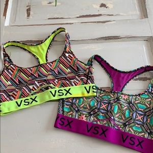 TWO geometric print VSX sports bras
